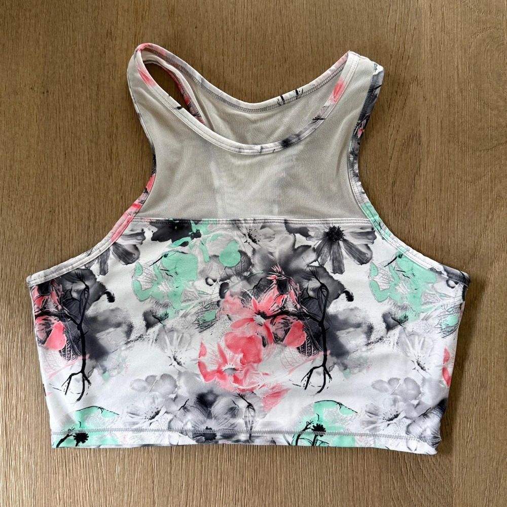 Floral Racerback Sports Bra Women Medium Pink Mint Gray Athletic Workout Bra